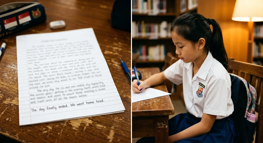 A Singapore primary school student in uniform sits at a desk reading her composition, looking uncertain about the ending