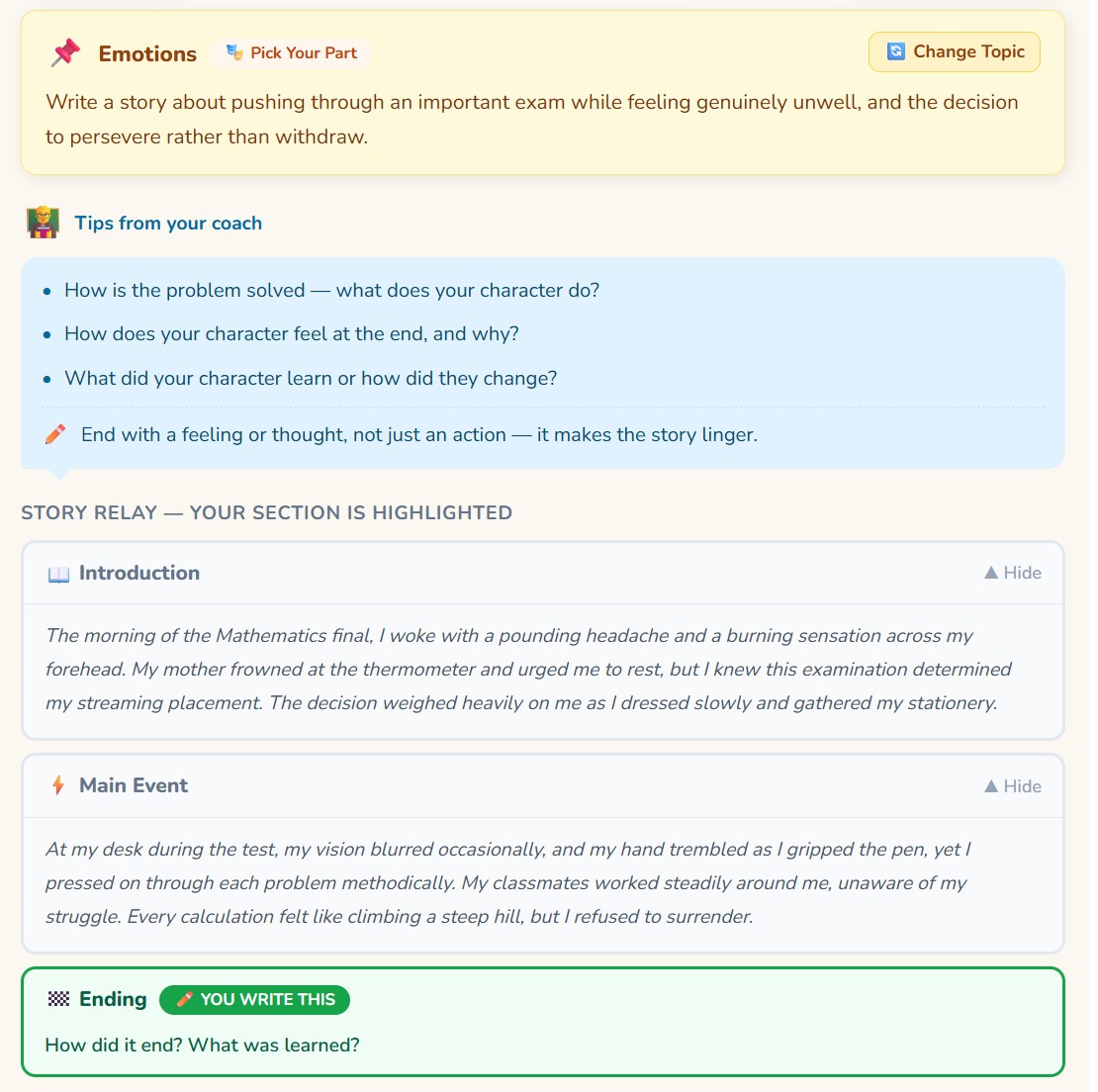 The Pick Your Part feature on Word Wizards showing an Ending section for a student to complete, with coach tips and story context