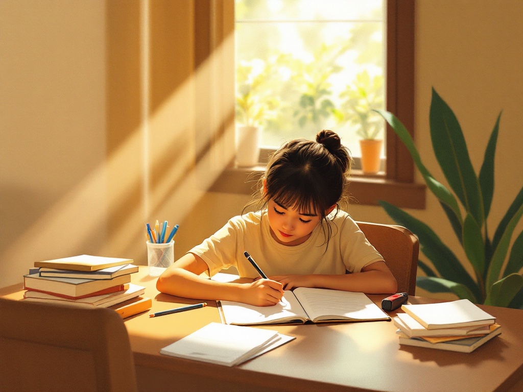 Child writing a composition at a desk, surrounded by open notebooks and study materials