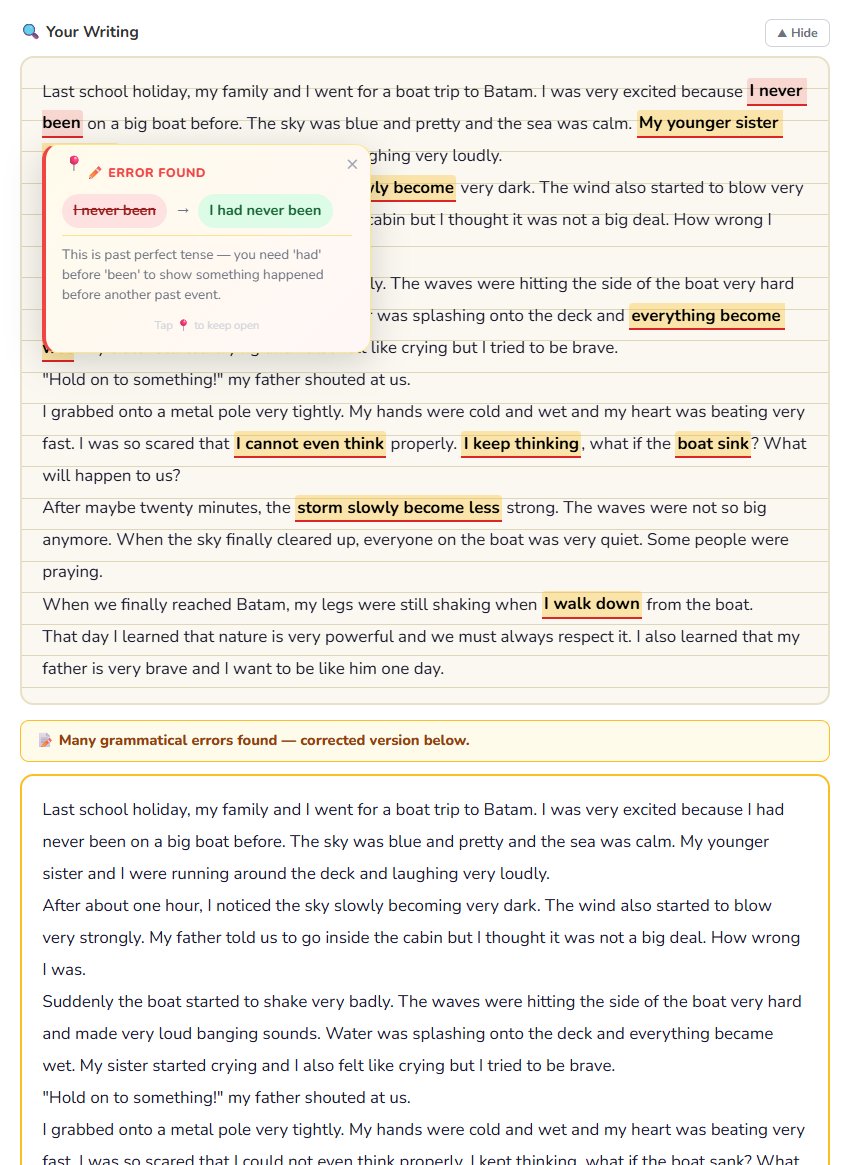Inline grammar errors highlighted in student writing