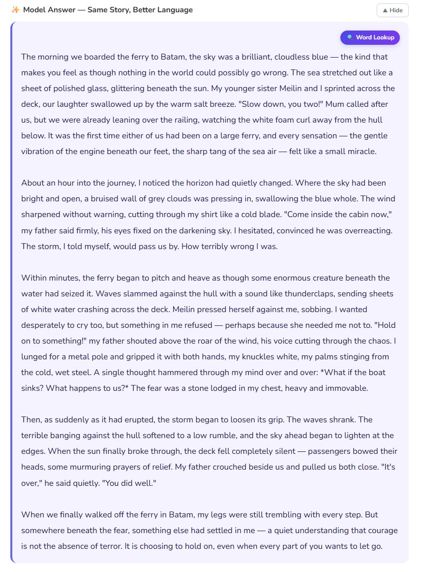 Model answer rewriting the student's own story with stronger language