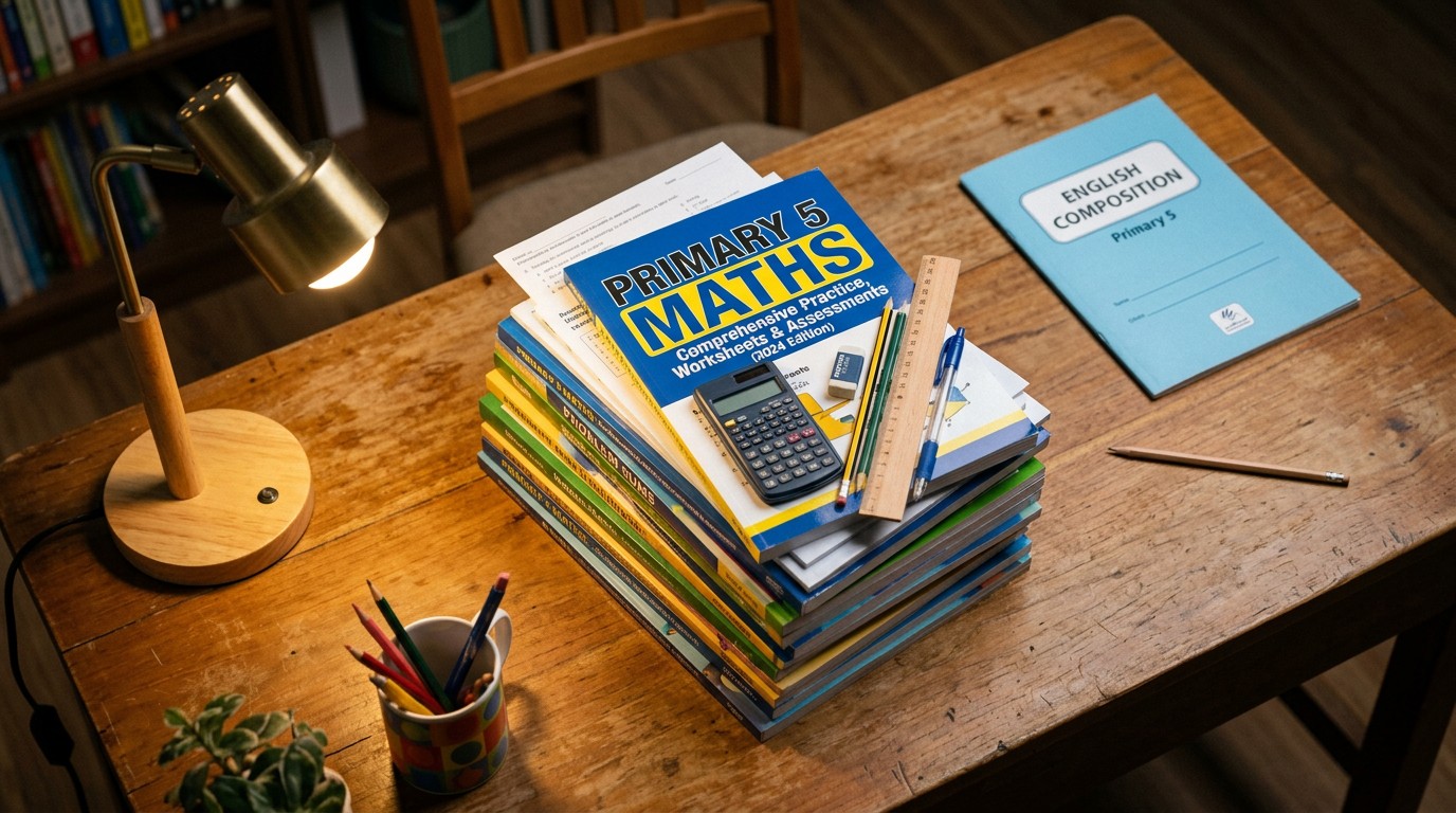 Study desk with a tall stack of maths books and a single English composition book
