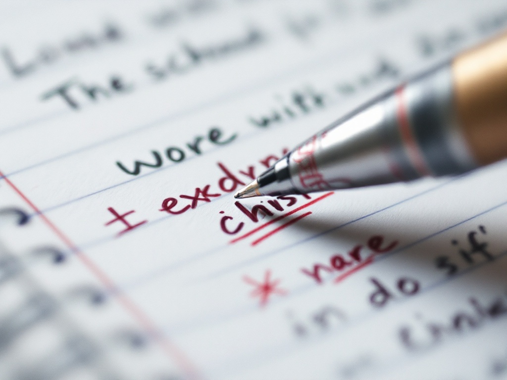Close-up of a school composition with red pen corrections and underlines