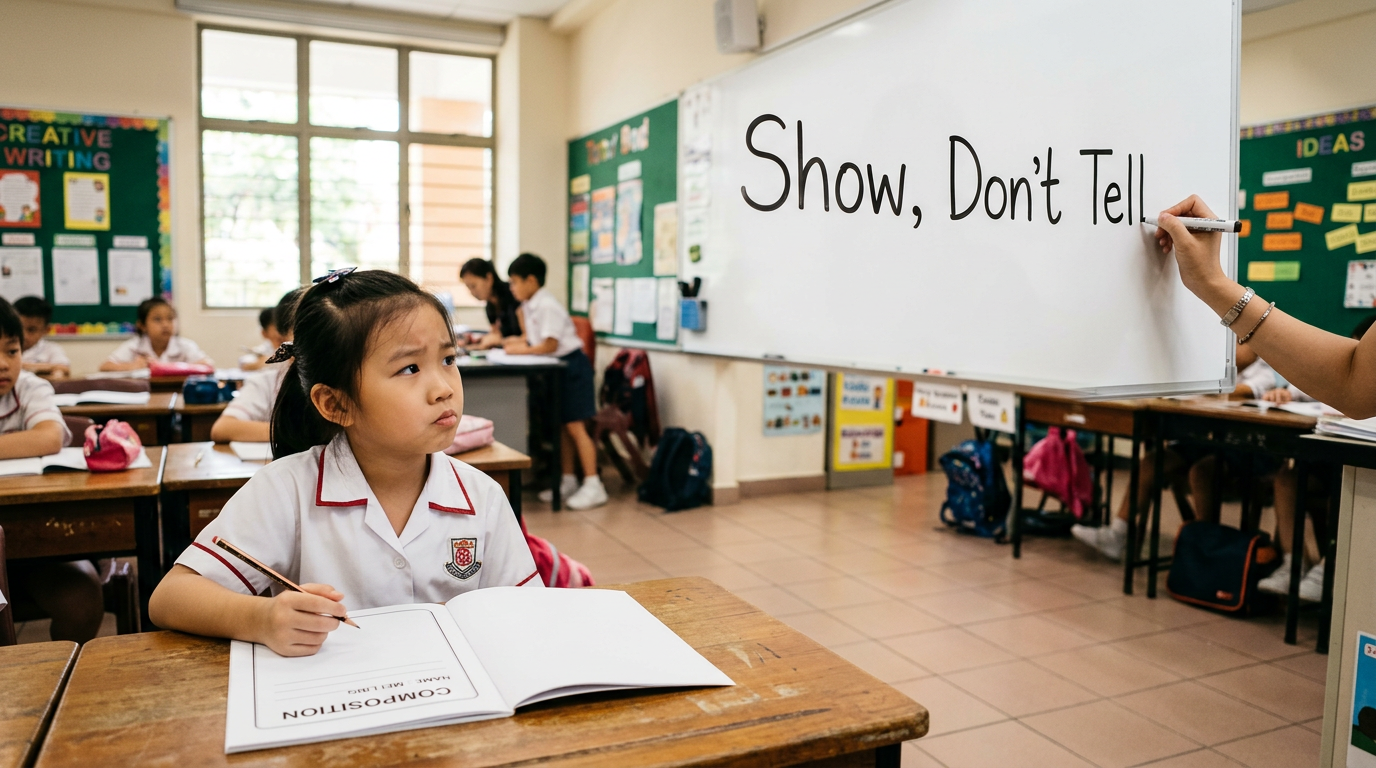 A primary school girl looks confused at a whiteboard with 'Show, Don't Tell' written on it, pencil in hand over her composition book